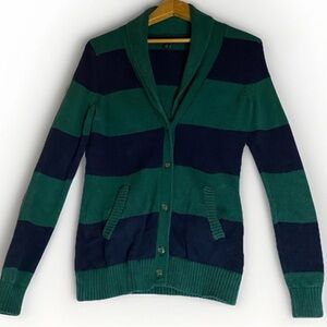 Tommy Hilfiger Sweater Mens Small Green & Blue Striped Cardigan Button Up Preppy